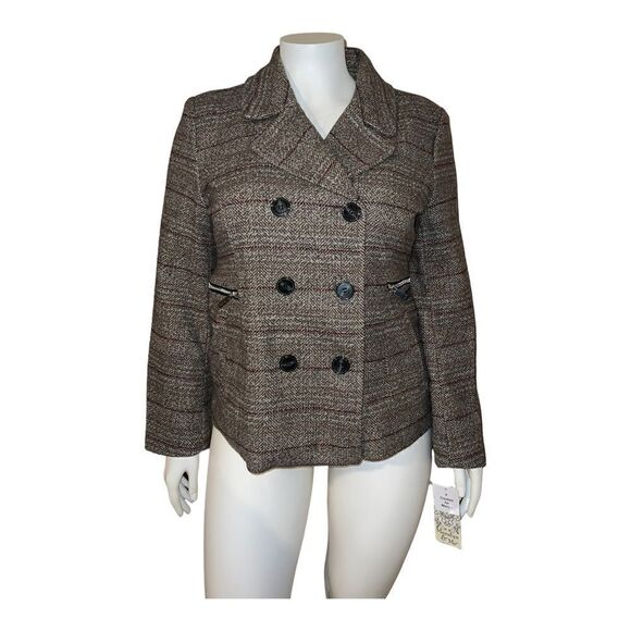Maralyn Me Juniors Notched-Collar Double-Breasted Peacoat Brown Red Plaid XXL - Picture 2 of 9